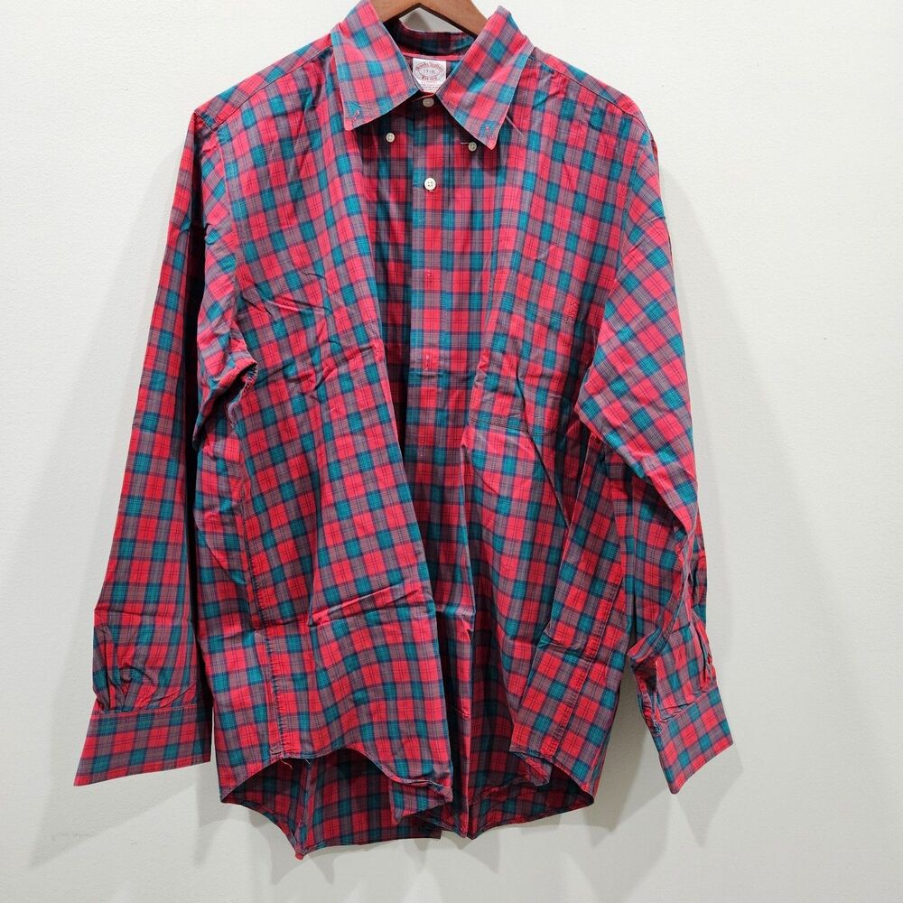 Brooks Brothers Mens Plaid Button Down Shirt 17R Red Blue Lightweight Casual